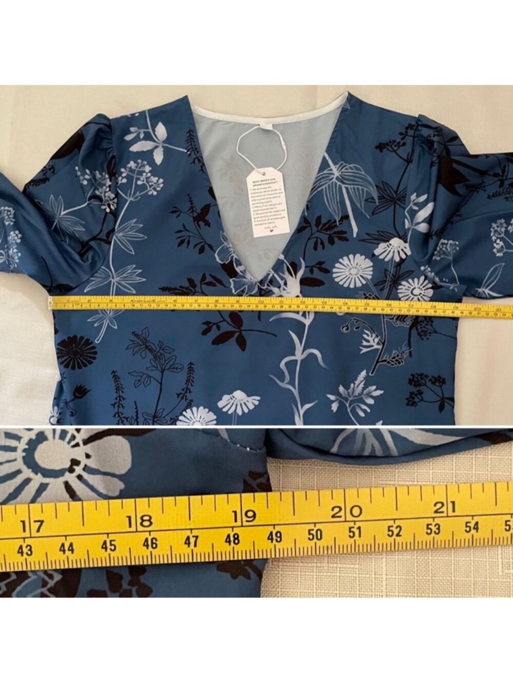 Floral V-Neck Mini Dress Sz Medium with Puff Sleeves Eco-Friendly Blue Botanical - Picture 5 of 6